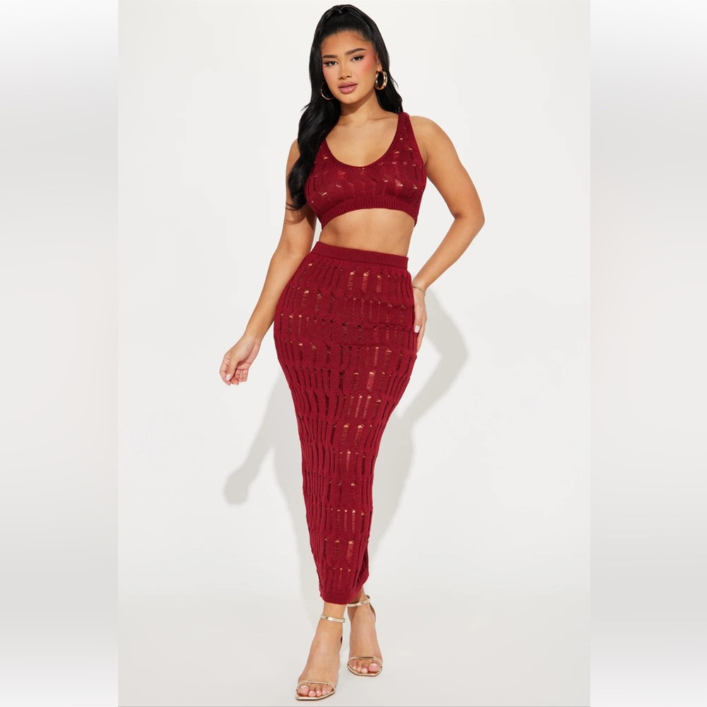 Make It Spicy Crochet Skirt Set - Wine